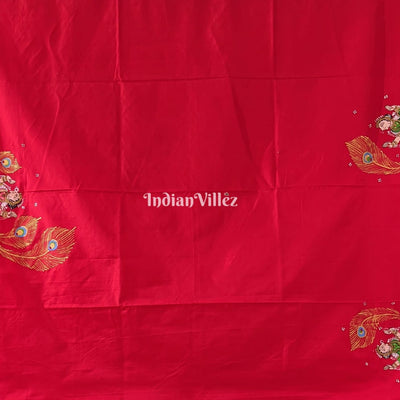 Red Ardha Chandra Krishna Rasa Leela Hand-Painted Pattachitra Saree