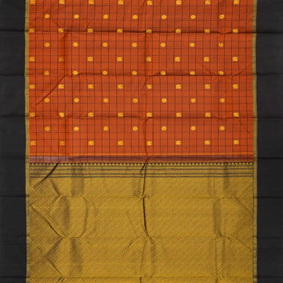 Rust Handloom Kanchipuram Korvai Silk Saree With Checks & Buttas