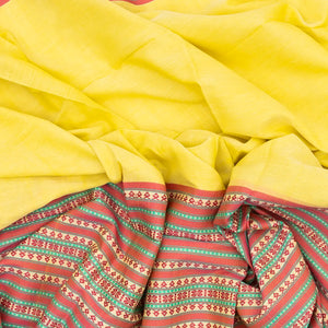 Lemon Yellow Handloom Bengal Cotton Saree With Contrast Border