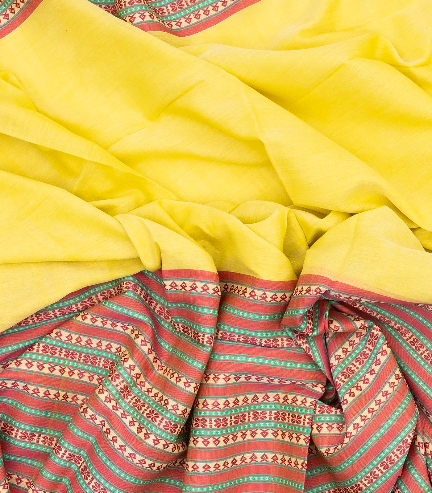 Lemon Yellow Handloom Bengal Cotton Saree With Contrast Border