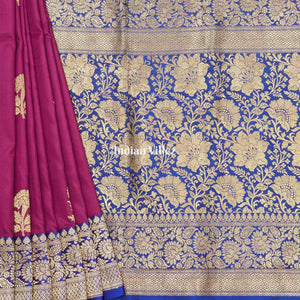 Purple Flower Motif Banarasi Katan Silk Saree