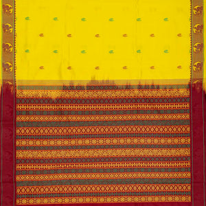 Lemon Yellow Handloom Poly Cotton Saree With Annam Buttas & Crimson Pallu