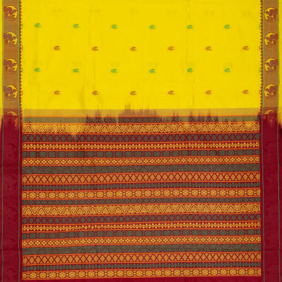 Lemon Yellow Handloom Poly Cotton Saree With Annam Buttas & Crimson Pallu