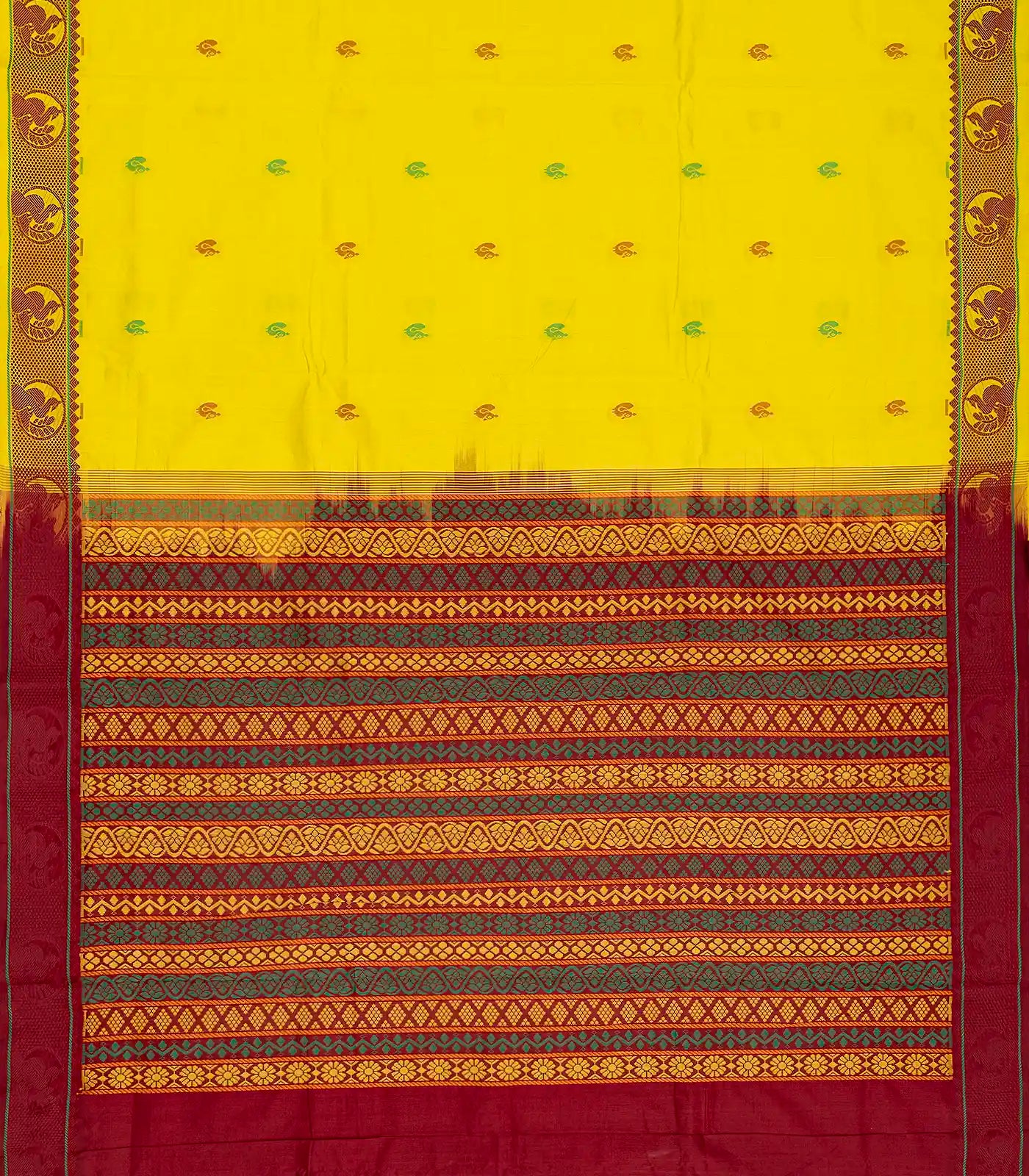 Lemon Yellow Handloom Poly Cotton Saree With Annam Buttas & Crimson Pallu