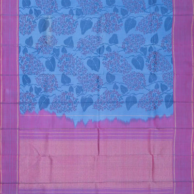 Blue Handloom Kanchipuram Silk Saree With Floral Motifs & Purple Border