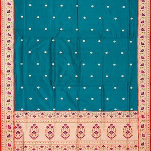 Cyan Handloom Banarasi Silk Saree With Coin Buttas & Red Border