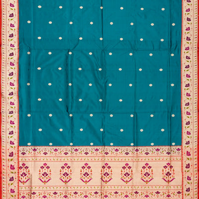 Cyan Handloom Banarasi Silk Saree With Coin Buttas & Red Border