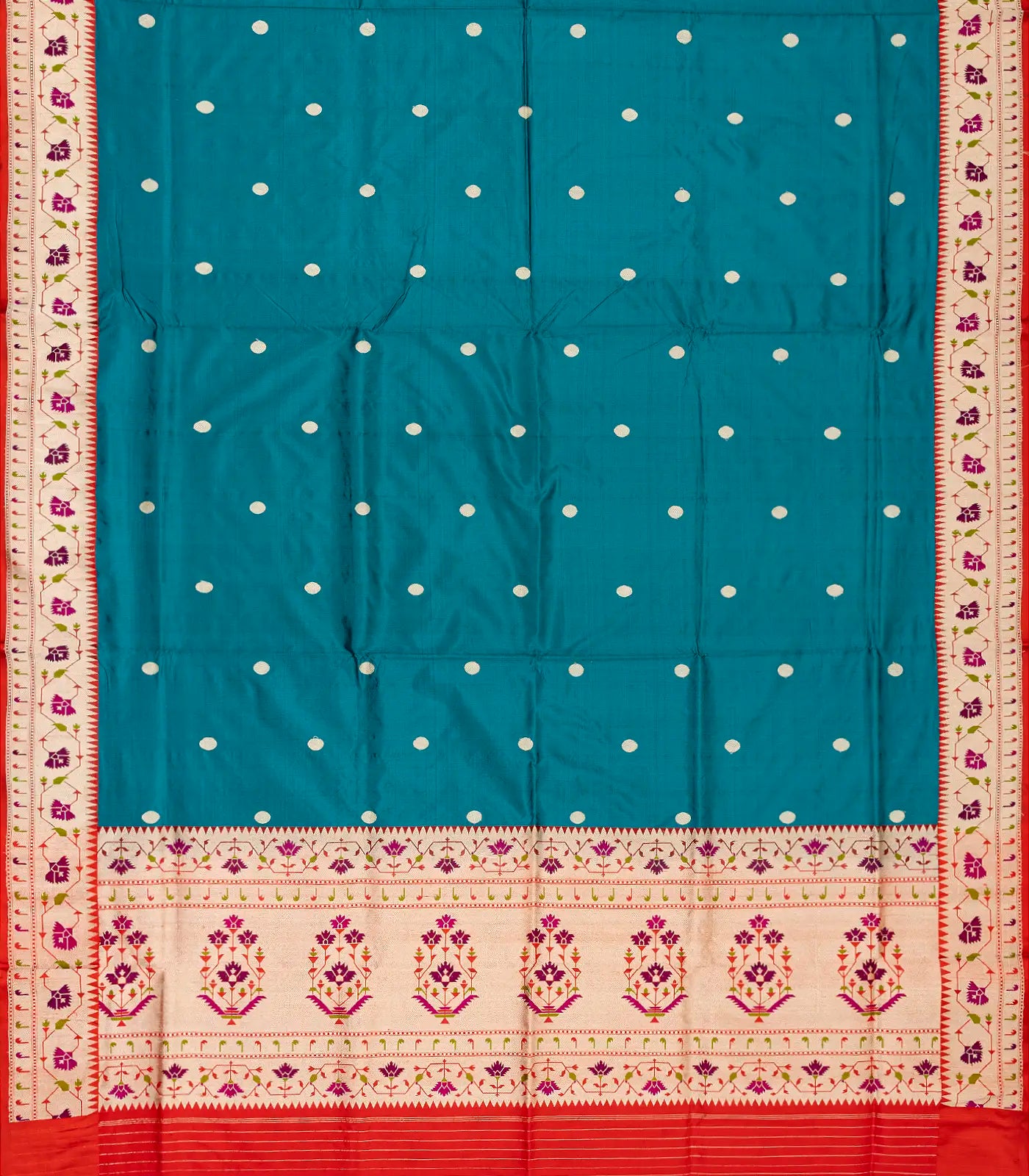 Cyan Handloom Banarasi Silk Saree With Coin Buttas & Red Border