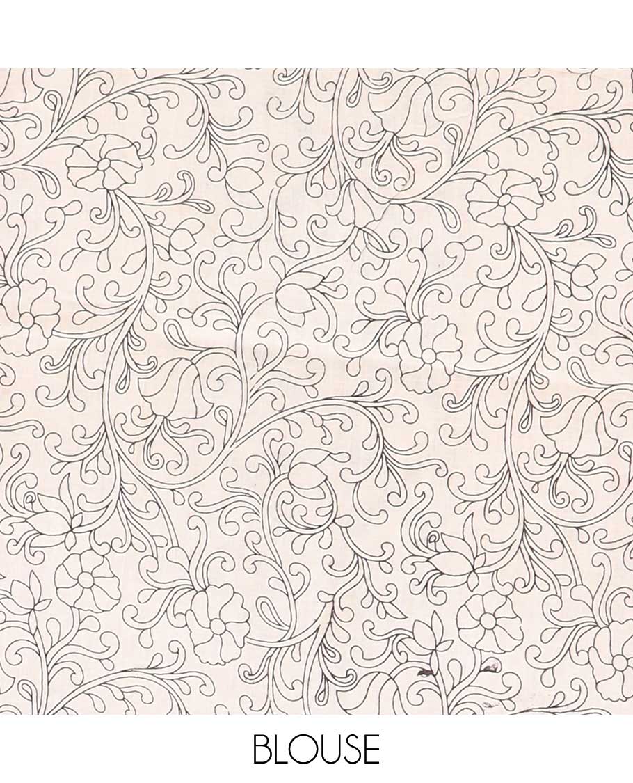 Black unique floral machine-printed kalamkari cotton saree, contrast floral border & floral & diamond pallu