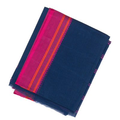 Navy Blue Bengal Cotton Saree With Pink & Orange Border