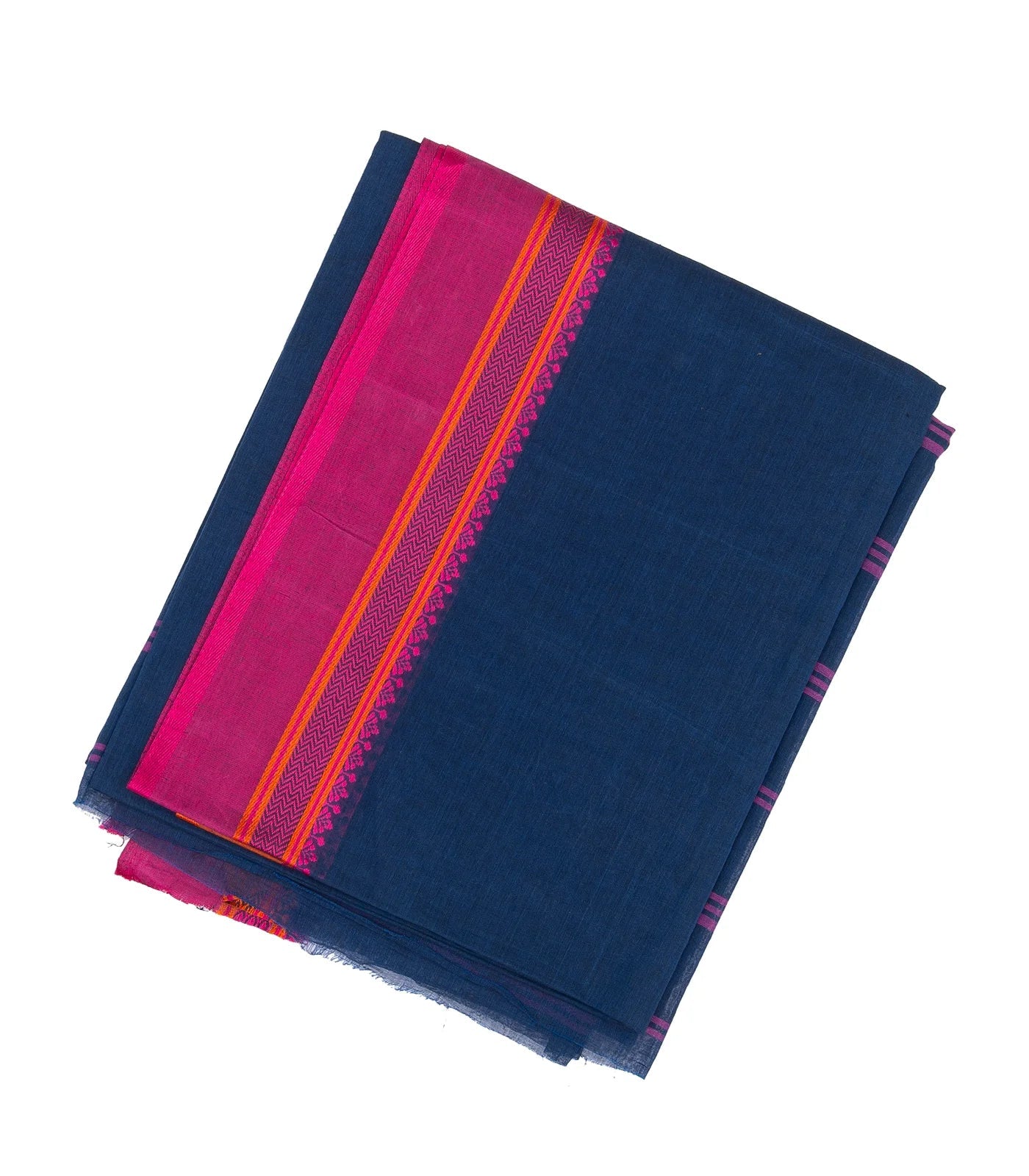 Navy Blue Bengal Cotton Saree With Pink & Orange Border