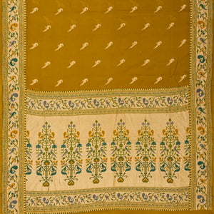 Oil Mustard Handwoven Banarasi Khaddi Georgette Silk Saree With Peacock Motifs