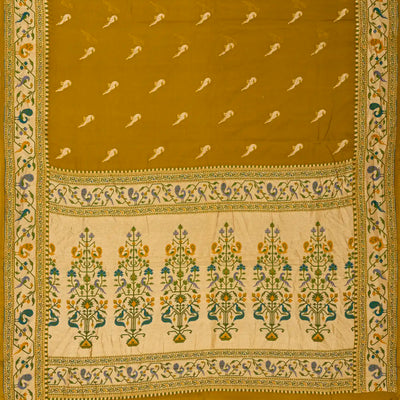 Oil Mustard Handwoven Banarasi Khaddi Georgette Silk Saree With Peacock Motifs