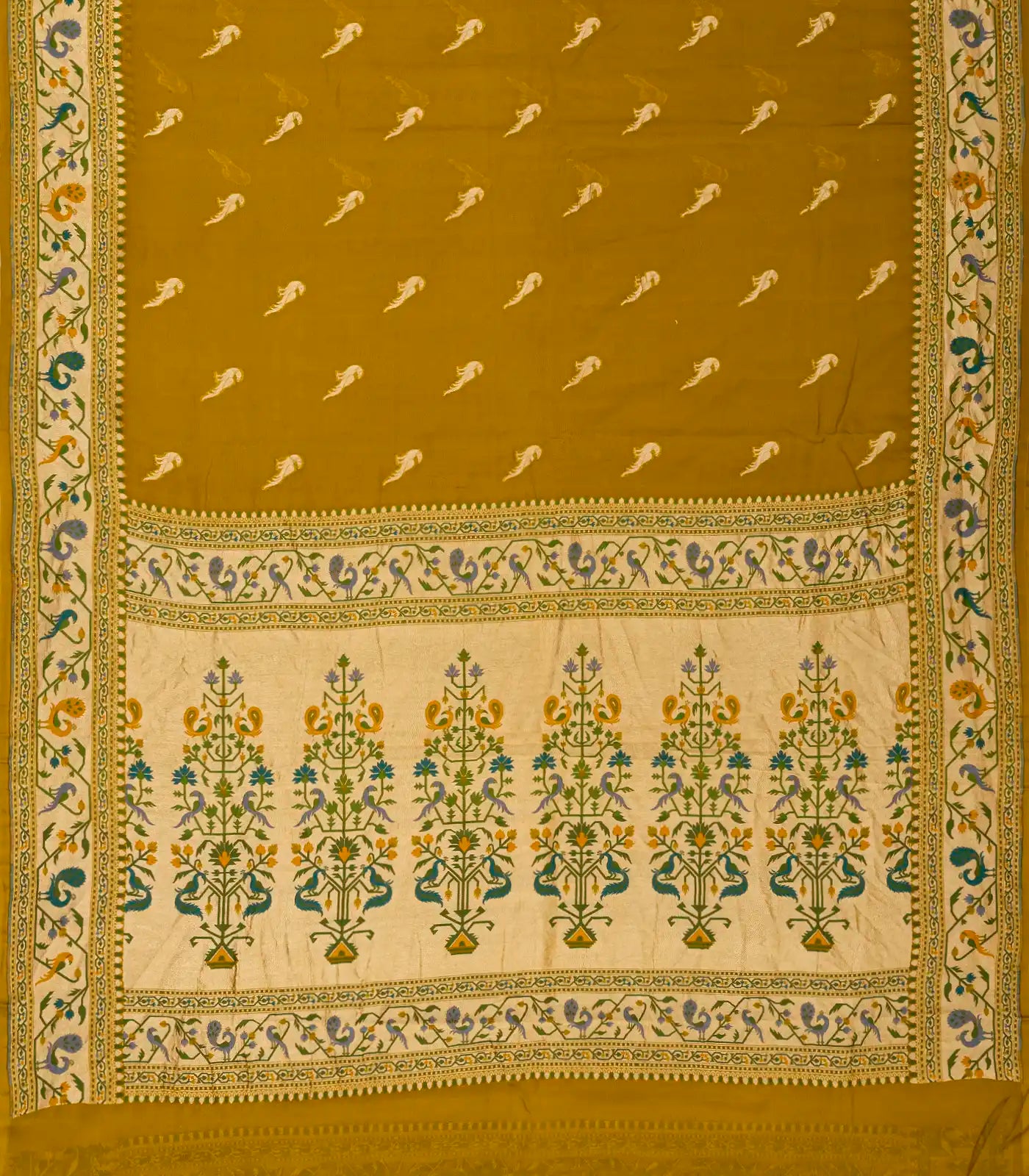 Oil Mustard Handwoven Banarasi Khaddi Georgette Silk Saree With Peacock Motifs