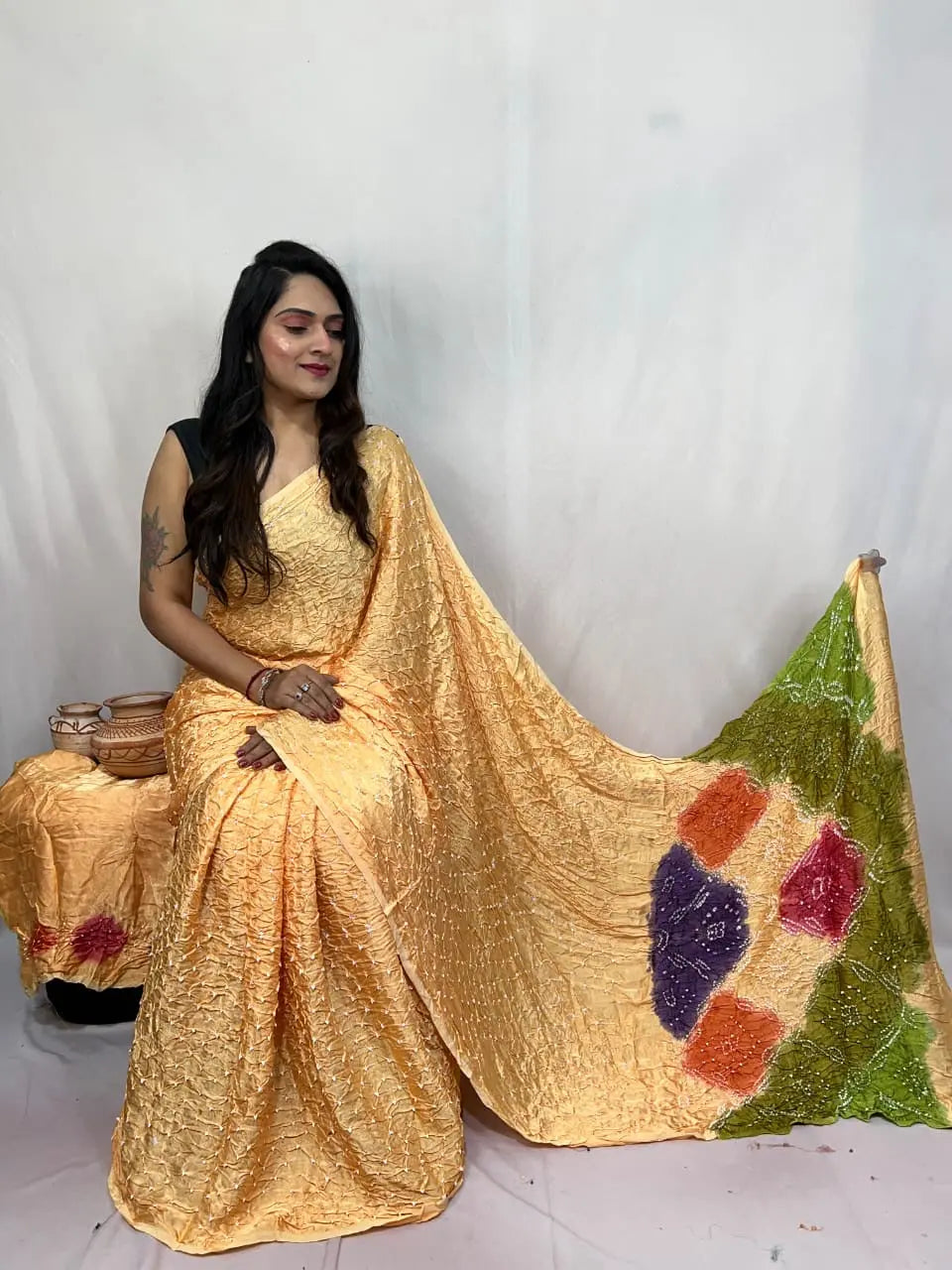 Pure Modal Silk Barik Bandhej Lagdi Pallu Bandhani Saree
