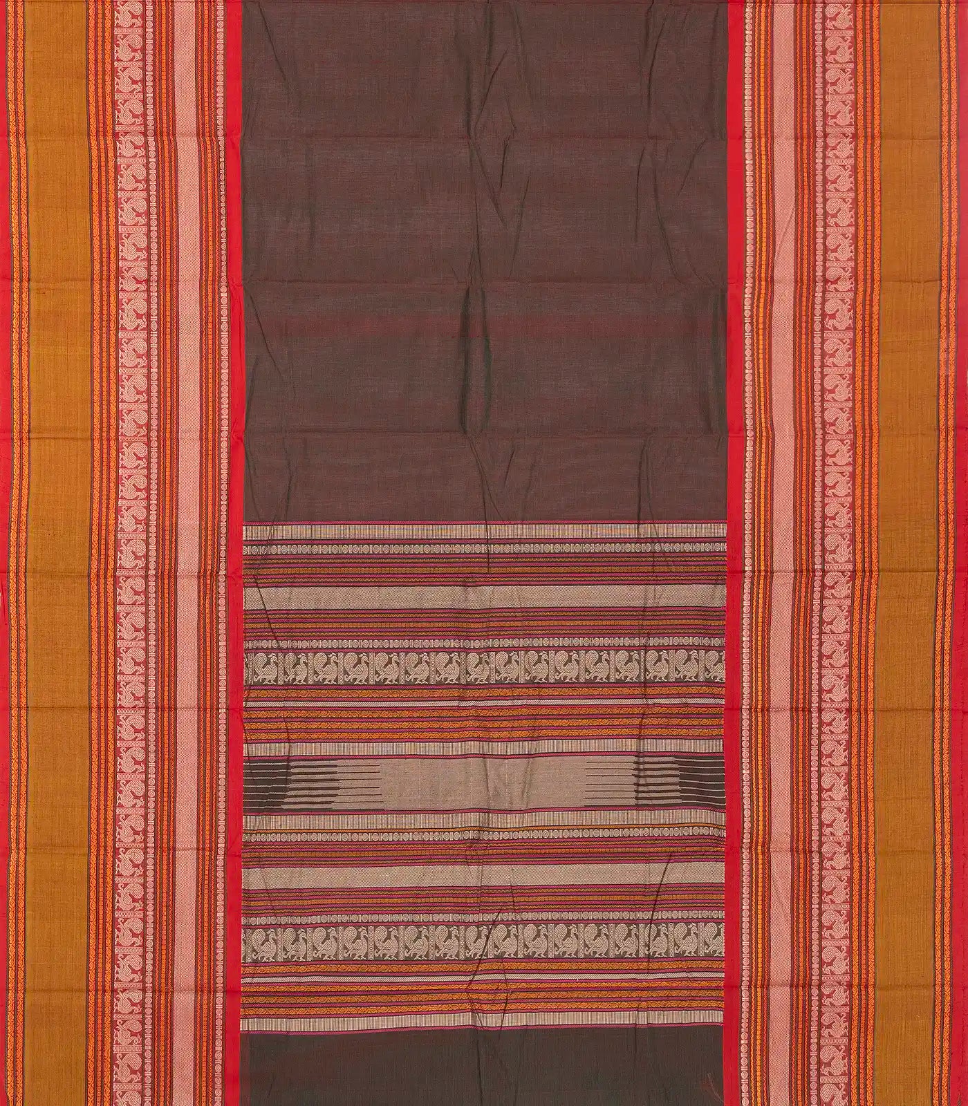 Brown Handloom Kanchi Cotton Saree With Contrast Border