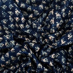 Indigo Woven Chanderi Cotton Saree With Printed Camel Motifs