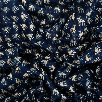 Indigo Woven Chanderi Cotton Saree With Printed Camel Motifs