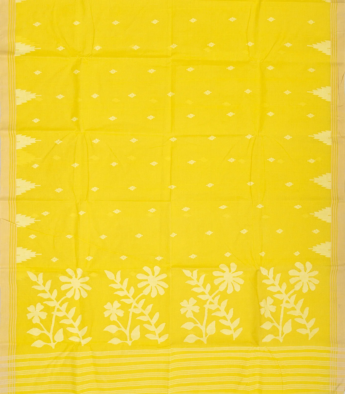 Lemon Yellow Bengal Cotton Saree With Diamond Motifs