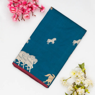 Cyan Handloom Banarasi Silk Saree With Horse Buttas