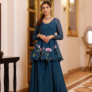 Kaasni Handpainted Organza Sharara Set