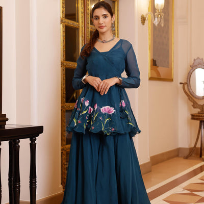 Kaasni Handpainted Organza Sharara Set