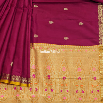 Wine with Mustard Yellow Designer Banarasi Katan Silk Saree