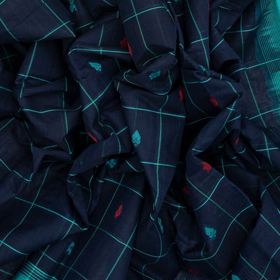 Dark Blue Handloom Rasipuram Cotton Saree With Checks & Buttas