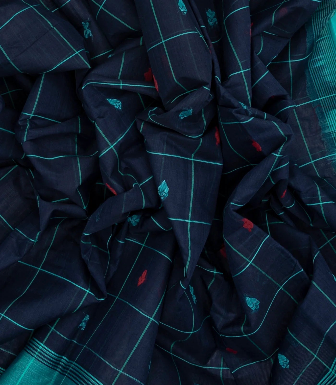 Dark Blue Handloom Rasipuram Cotton Saree With Checks & Buttas