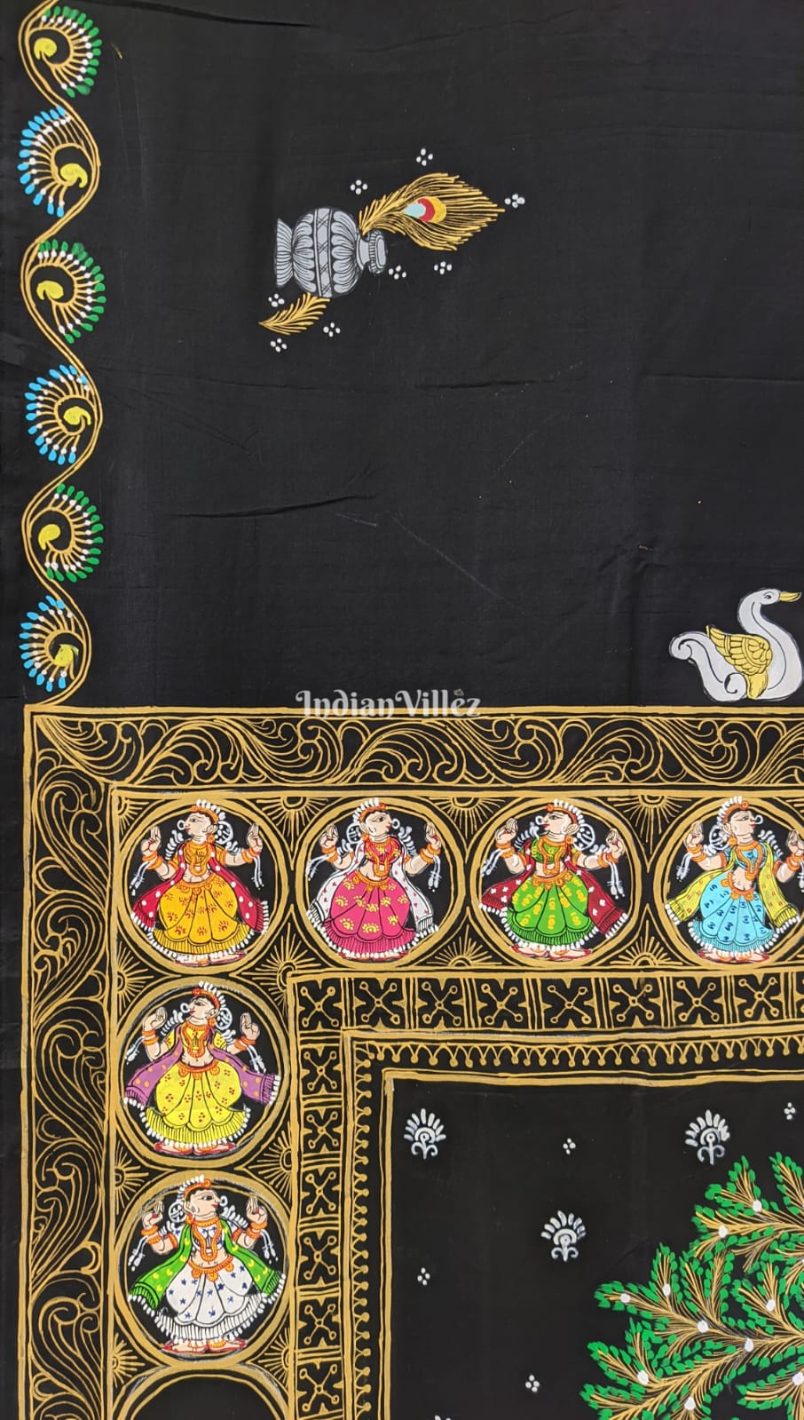 Black Radha Krishna Hand-Painted Pattachitra Saree (PRE ORDER)