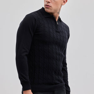 Black Zipper Knitted Polo T-Shirt