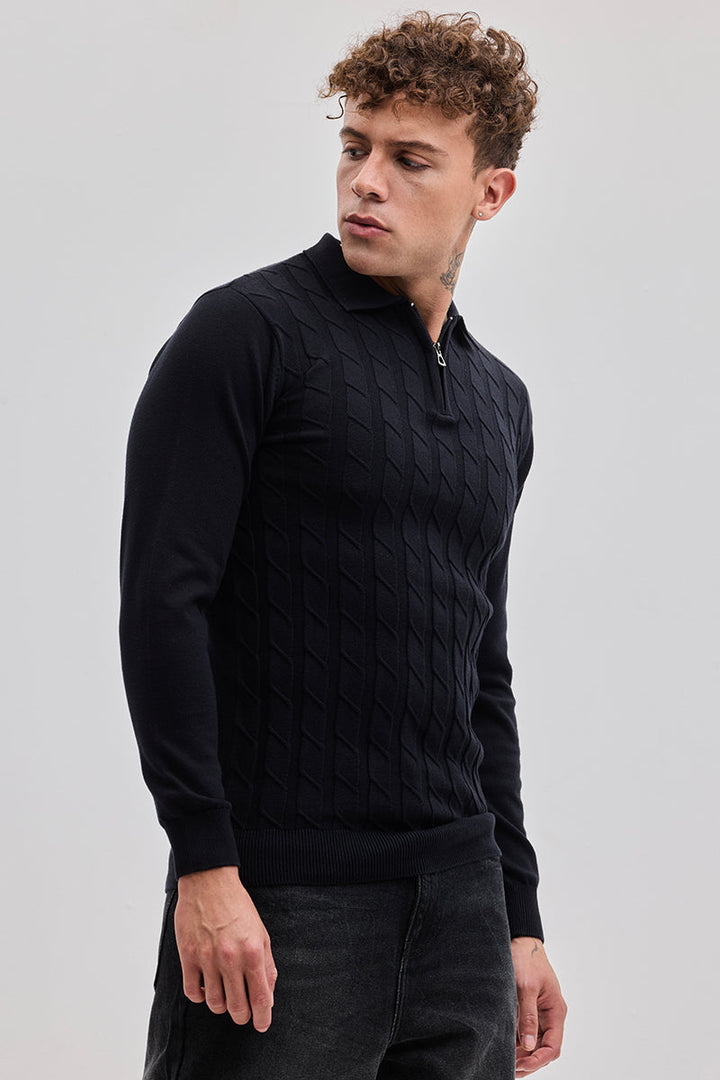 Black Zipper Knitted Polo T-Shirt