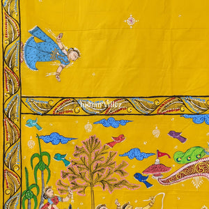 Yellow Mathura Vijay Pattachitra on Mulberry Silk Saree
