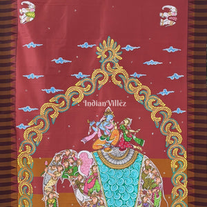 Brick Red Kandarpa Hati (Elephant) Hand-Painted Pattachitra Saree