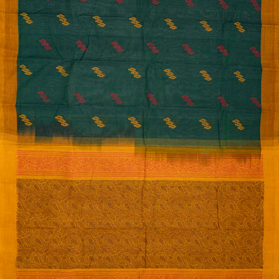 Teal Handloom Rasipuram Cotton Saree With Floral Buttas