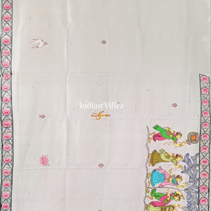 White Shree Jagannath Theme Hand-Painted Pattachitra Saree