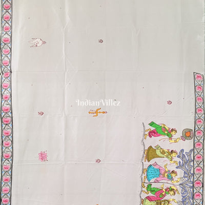White Shree Jagannath Theme Hand-Painted Pattachitra Saree
