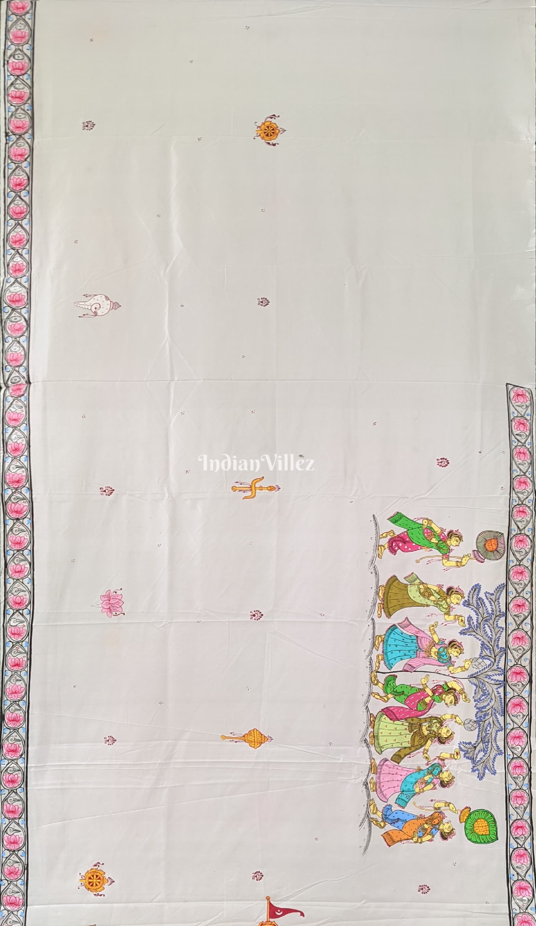 White Shree Jagannath Theme Hand-Painted Pattachitra Saree