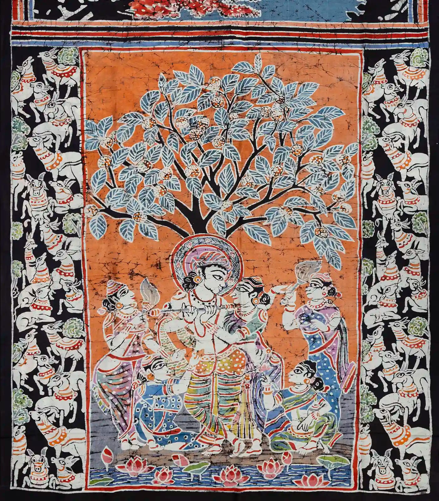 Blue Handloom Printed Silk Saree With Printed Lord Krishna Motifs