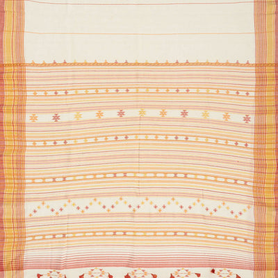 Off White Handloom Bhujodi Cotton Saree With Red Stripes