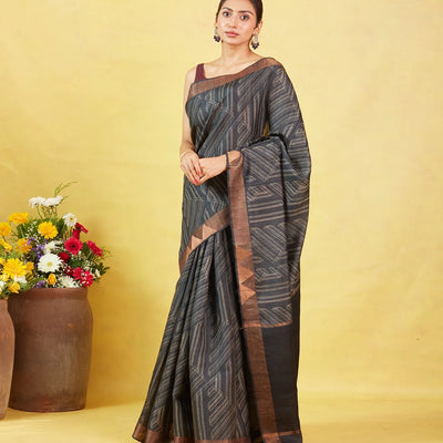 Black Handloom Tussar Silk Saree With Printed Stripes Motifs