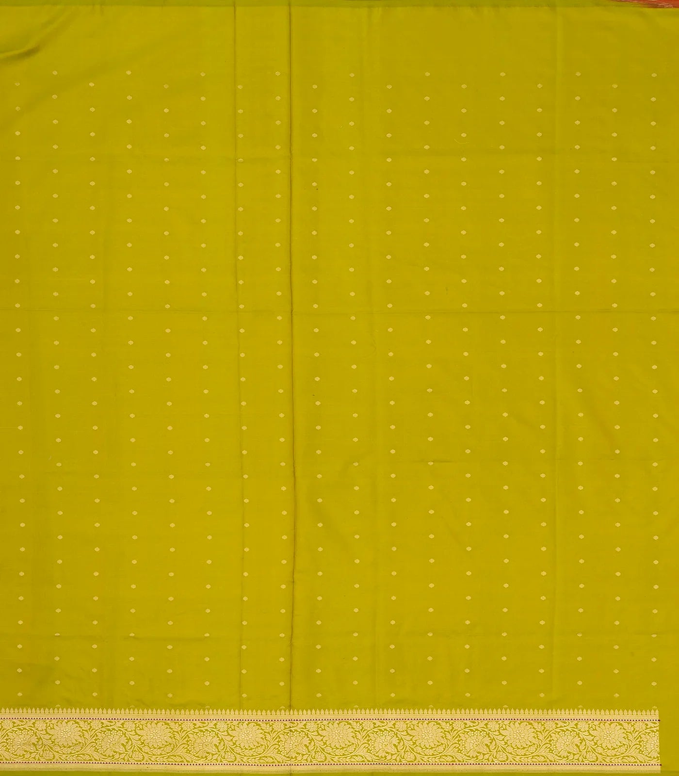 Mustard Handwoven Banarasi Silk Saree With Floral Motifs & Corner Buttas