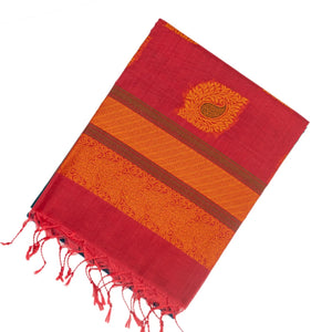 Teal Handloom Kora Silk Cotton Saree With Buttas & Hot Pink Pallu