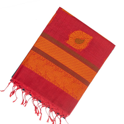 Teal Handloom Kora Silk Cotton Saree With Buttas & Hot Pink Pallu