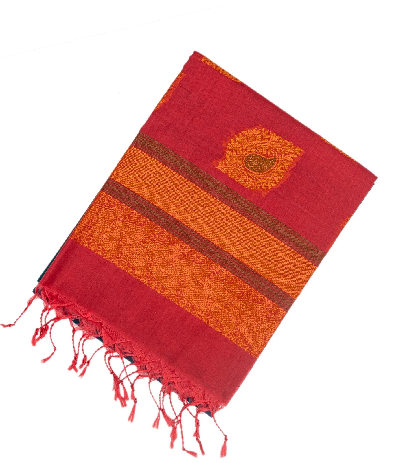 Teal Handloom Kora Silk Cotton Saree With Buttas & Hot Pink Pallu