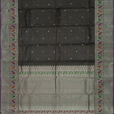 Black Handloom Kanchipuram Silk Saree With Zari Stripes & Buttas