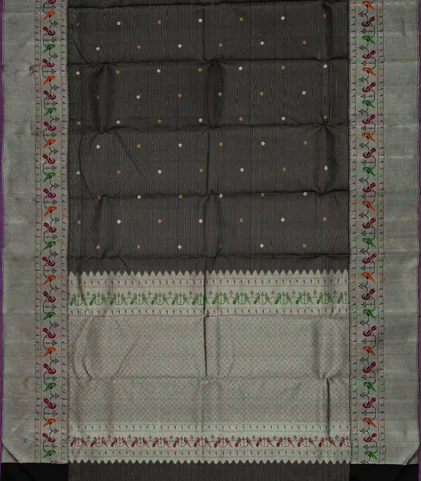 Black Handloom Kanchipuram Silk Saree With Zari Stripes & Buttas