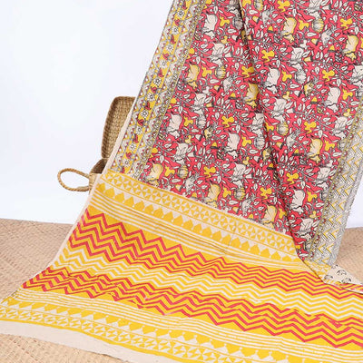 Red Pichwai cow machine-printed kalamkari cotton saree, contrast floral & chevron border &
