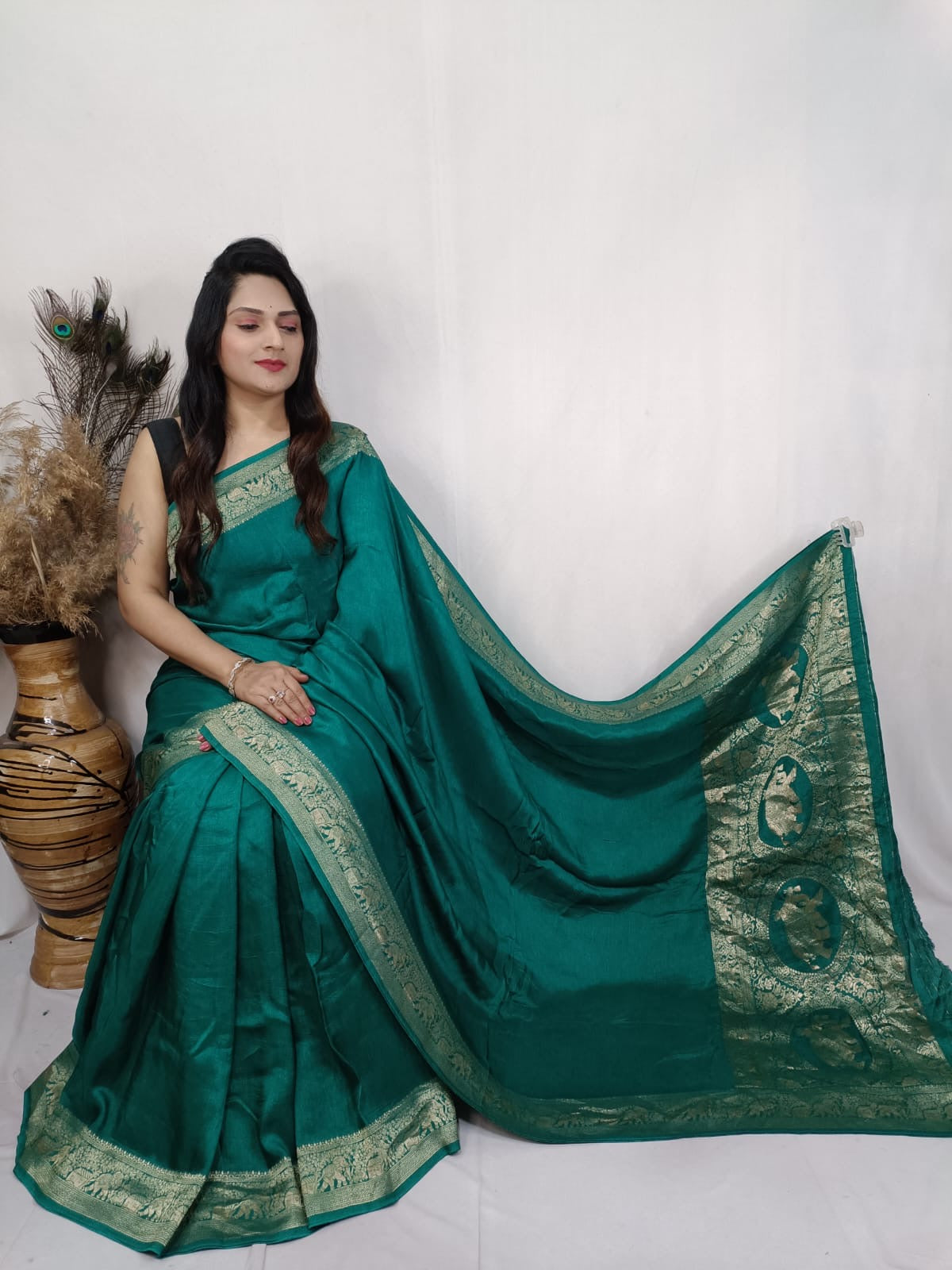 Dola Silk Golden Zari Border Saree