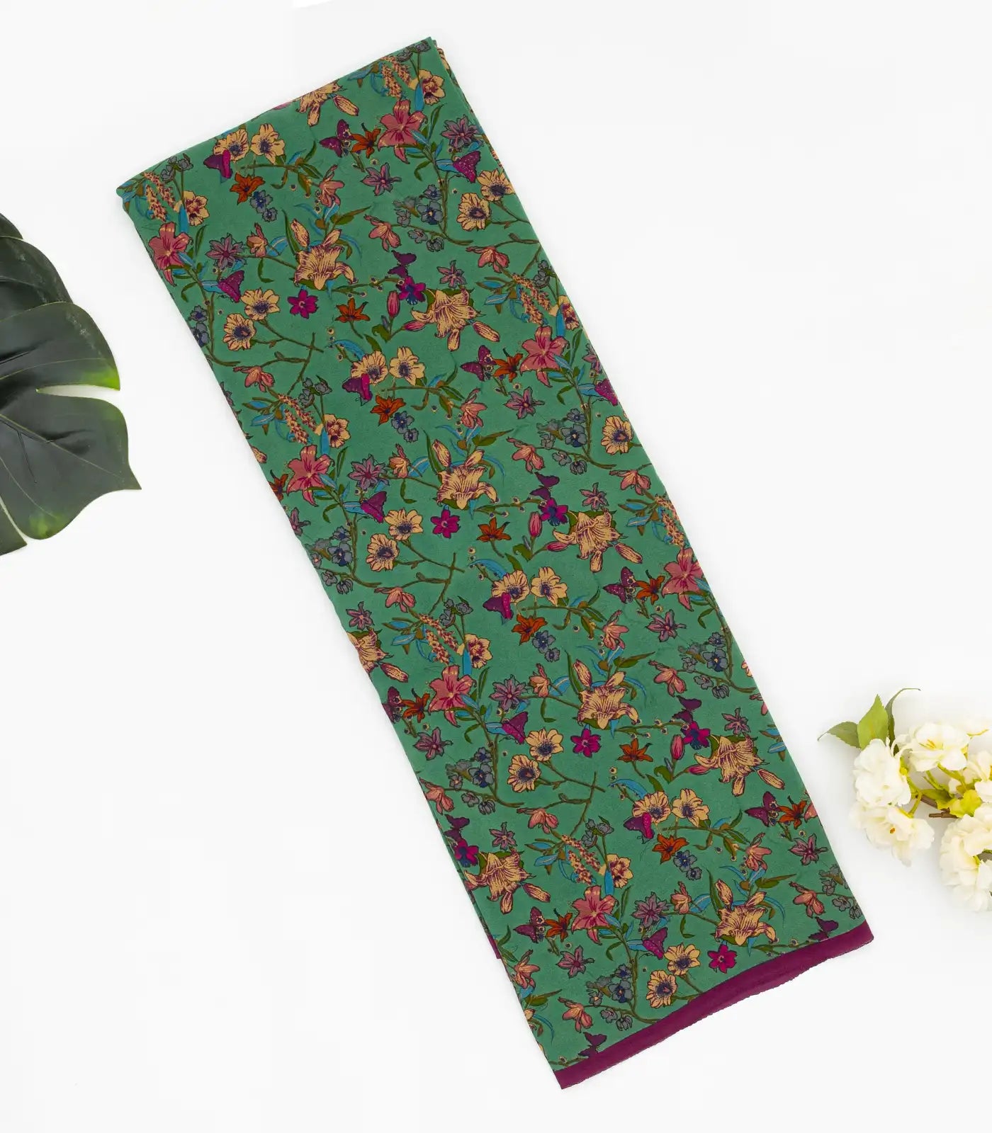 Sea Green Woven Digital Printed Crepe Silk Saree With Floral Motifs